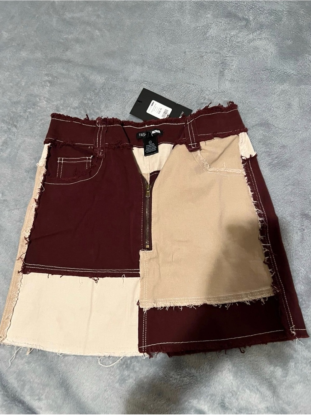 Fashion Nova Patchwork Mini Skirt - Burgundy & Beige